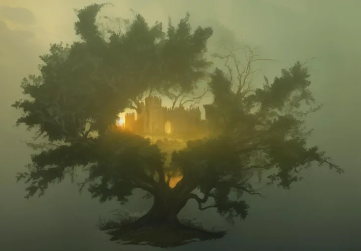 landscape painting of castle in the middle of an illustration of a tree, chearful fantasy art in the style of lord of the rings and chronicles of narnia, (low light foggy morning mist landscape)