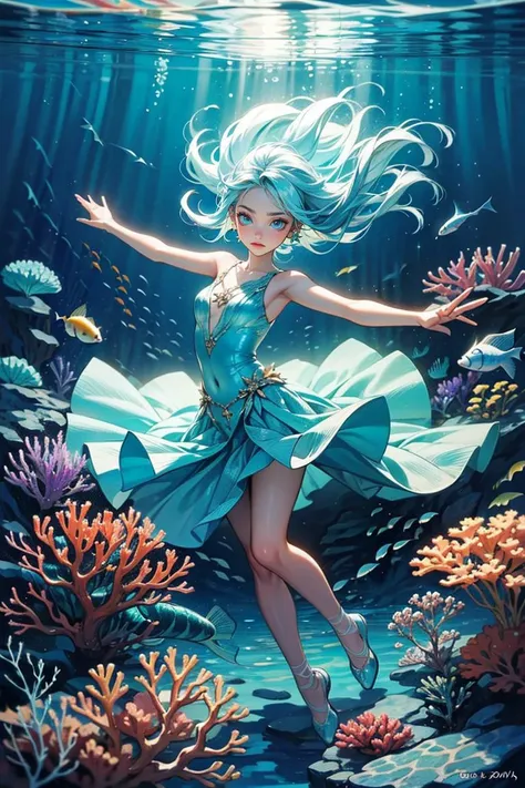 POV, ((masterpiece, best quality)), full body, 1girl, solo, (long hair:1.1), white|light blue hair, Create a captivating and ethereal underwater scene featuring a girl with flowing hair and luminescent blue eyes that glow like deep-sea treasures. She is gracefully floating in the crystal-clear water, surrounded by a mesmerizing array of exotic fish, creating a harmonious ballet of movement and color. The girl's delicate hands gently touch the vibrant, shimmering scales of the fish as they weave around her, forming intricate patterns that illuminate the water with an otherworldly glow. The sun's rays pierce through the surface above, casting a magical, dappled light that dances upon her skin and the surrounding marine life. In the background, a lush underwater garden of swaying sea plants and coral formations adds to the enchanting atmosphere. This breathtaking image should evoke a sense of wonder, tranquility, and the serene beauty of the underwater world, showcasing the girl's mystical connection to her aquatic companions.
<lora:add_detail:0.4>,