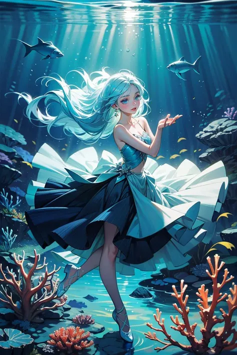 POV, ((masterpiece, best quality)), full body, 1girl, solo, (long hair:1.1), white|light blue hair, Create a captivating and ethereal underwater scene featuring a girl with flowing hair and luminescent blue eyes that glow like deep-sea treasures. She is gracefully floating in the crystal-clear water, surrounded by a mesmerizing array of exotic fish, creating a harmonious ballet of movement and color. The girl's delicate hands gently touch the vibrant, shimmering scales of the fish as they weave around her, forming intricate patterns that illuminate the water with an otherworldly glow. The sun's rays pierce through the surface above, casting a magical, dappled light that dances upon her skin and the surrounding marine life. In the background, a lush underwater garden of swaying sea plants and coral formations adds to the enchanting atmosphere. This breathtaking image should evoke a sense of wonder, tranquility, and the serene beauty of the underwater world, showcasing the girl's mystical connection to her aquatic companions.
<lora:add_detail:0.4>,