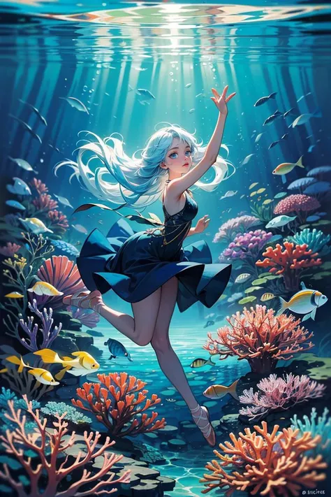 POV, ((masterpiece, best quality)), full body, 1girl, solo, (long hair:1.1), white|light blue hair, Create a captivating and ethereal underwater scene featuring a girl with flowing hair and luminescent blue eyes that glow like deep-sea treasures. She is gracefully floating in the crystal-clear water, surrounded by a mesmerizing array of exotic fish, creating a harmonious ballet of movement and color. The girl's delicate hands gently touch the vibrant, shimmering scales of the fish as they weave around her, forming intricate patterns that illuminate the water with an otherworldly glow. The sun's rays pierce through the surface above, casting a magical, dappled light that dances upon her skin and the surrounding marine life. In the background, a lush underwater garden of swaying sea plants and coral formations adds to the enchanting atmosphere. This breathtaking image should evoke a sense of wonder, tranquility, and the serene beauty of the underwater world, showcasing the girl's mystical connection to her aquatic companions.
<lora:add_detail:0.4>,