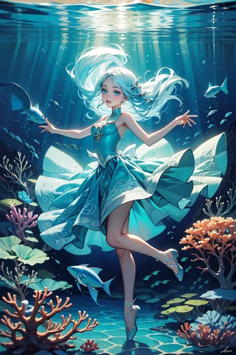 POV, ((masterpiece, best quality)), full body, 1girl, solo, (long hair:1.1), white|light blue hair, Create a captivating and ethereal underwater scene featuring a girl with flowing hair and luminescent blue eyes that glow like deep-sea treasures. She is gracefully floating in the crystal-clear water, surrounded by a mesmerizing array of exotic fish, creating a harmonious ballet of movement and color. The girl's delicate hands gently touch the vibrant, shimmering scales of the fish as they weave around her, forming intricate patterns that illuminate the water with an otherworldly glow. The sun's rays pierce through the surface above, casting a magical, dappled light that dances upon her skin and the surrounding marine life. In the background, a lush underwater garden of swaying sea plants and coral formations adds to the enchanting atmosphere. This breathtaking image should evoke a sense of wonder, tranquility, and the serene beauty of the underwater world, showcasing the girl's mystical connection to her aquatic companions.
<lora:add_detail:0.4>,