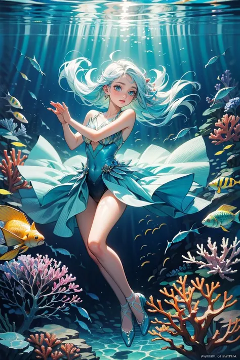 POV, ((masterpiece, best quality)), full body, 1girl, solo, (long hair:1.1), white|light blue hair, Create a captivating and ethereal underwater scene featuring a girl with flowing hair and luminescent blue eyes that glow like deep-sea treasures. She is gracefully floating in the crystal-clear water, surrounded by a mesmerizing array of exotic fish, creating a harmonious ballet of movement and color. The girl's delicate hands gently touch the vibrant, shimmering scales of the fish as they weave around her, forming intricate patterns that illuminate the water with an otherworldly glow. The sun's rays pierce through the surface above, casting a magical, dappled light that dances upon her skin and the surrounding marine life. In the background, a lush underwater garden of swaying sea plants and coral formations adds to the enchanting atmosphere. This breathtaking image should evoke a sense of wonder, tranquility, and the serene beauty of the underwater world, showcasing the girl's mystical connection to her aquatic companions.
<lora:add_detail:0.4>,