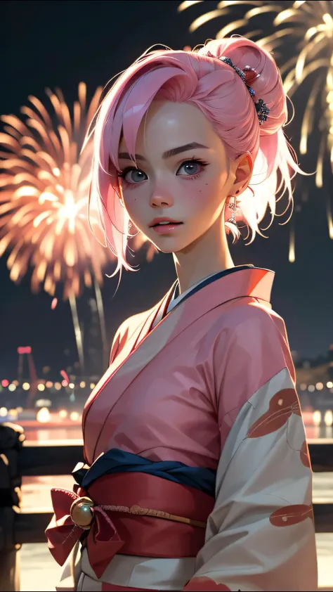 (ultra realistic, best quality, masterpiece, perfect face) pink hair, 18 years old european girl, <lora:Animesh-Lora-step00050000:1>, medium tits, flirting on camera, in traditional japanese kimono, night, kyoto, fireworks