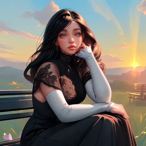 masterpiece, best quality, highres, intricate detail, 1girl, (mature female:1.5), (curvy:1.3), (thick lips:1.4), eyeshadow, brown eyes, long hair, black hair, oversized clothes, long skirt, spring \(season\), sunset, looking at viewer, sunlight, portrait, cloudy sky, extreme close-up, , sitting on bench, cupping hands,
high detail hair, high detail outfit, high detail hand, blue sky, high quality iris, high detail eyelash, tone mapping , high detail scenery, <lora:GoodHands-vanilla:1> <lora:hairdetailer:1>