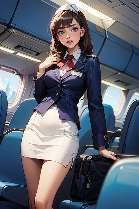 1girl, cowboy shot, beautiful slender flight attendant, (air hostess:1.2), tight skirt, topless, (nsfw:1.2), (neck handkerchief:1.2) , full lips, big clear eyes, makeup, beautiful short hair, shirt open, half smile, broad shoulders, small waist, wide hips, thigh gap, cameltoe, (intricate, highly detailed, 8K, masterpiece), soft tones, inside plane, blurry background, depth of field, bokeh, <lora:downblouse_v0.2:1>
