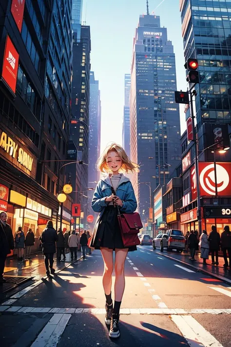 Street style photo of a grunge style woman in the streets of 1990 Manhattan standing in front of a sliver high rise building, blonde, 90s bob, Carly Norris, Sliver movie, natural lighting, shot on Agfa Vista 200,(happy:1.4),
<lora:add_detail:0.4>,