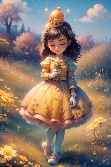 <lora:QQbaby_v1:0.8>,
1girl, cowboy shot, yellow top with puffed sleeves and an orange skirt, white gloves, yellow Converse shoes, and a crown with orange detailing, bangs, grass, in a field,qqbaby.
<lora:add_detail:0.4>,
<lora:fansty world-000020:0.8>