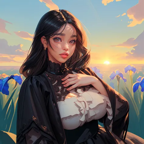 masterpiece, best quality, highres, intricate detail, 1girl, (mature female:1.5), (curvy:1.3), (thick lips:1.4), eyeshadow, brown eyes, long hair, black hair, oversized clothes, long skirt, spring \(season\), sunset, looking at viewer, sunlight, portrait, cloudy sky, extreme close-up, hand on own chest,
high detail hair, high detail outfit, high detail hand, blue sky, high quality iris, high detail eyelash, tone mapping , high detail scenery, <lora:GoodHands-vanilla:1> <lora:hairdetailer:1>