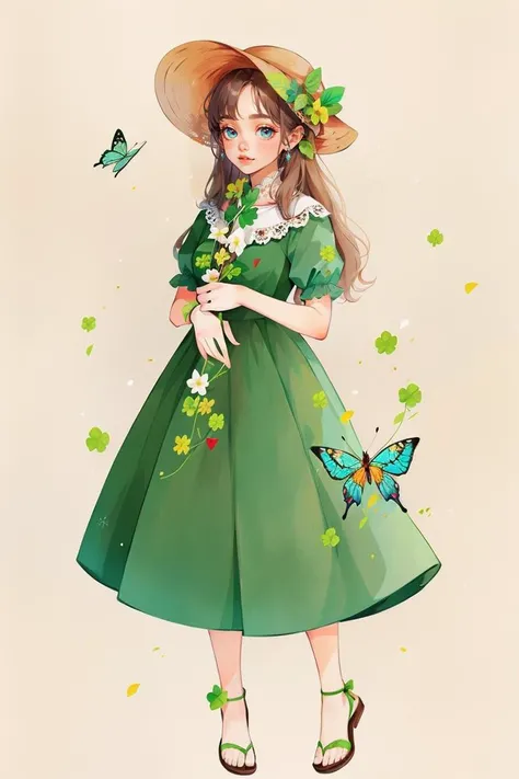 <lora:YXYcolor_v1:1>,yxycolor,1girl, solo, hat, dress, bug, butterfly, headwear removed, hat removed, holding clothes, holding hat, green dress, holding, clover, sandals, long hair, blush, brown hair, four-leaf clover, standing