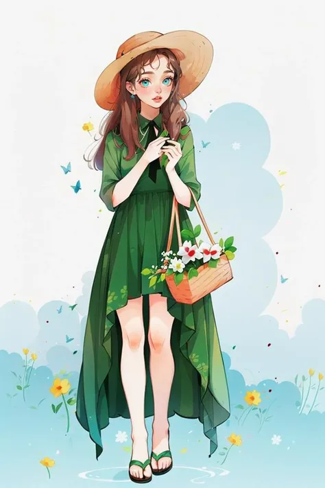 <lora:YXYcolor_v1:1>,yxycolor,1girl, solo, hat, dress, bug, butterfly, headwear removed, hat removed, holding clothes, holding hat, green dress, holding, clover, sandals, long hair, blush, brown hair, four-leaf clover, standing