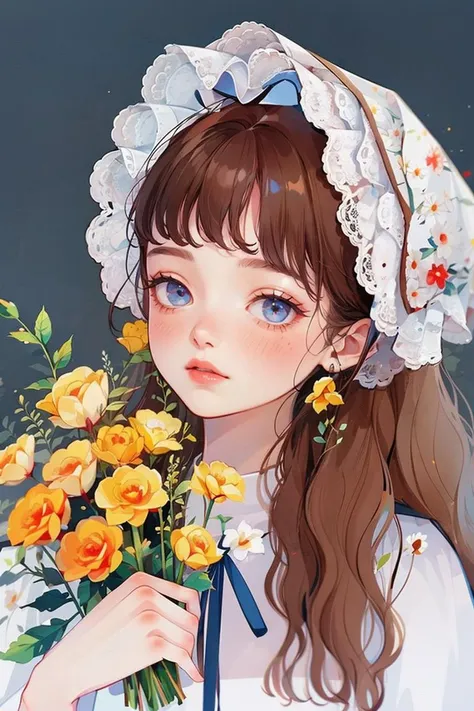 <lora:YXYcolor_v1:1>,yxycolor,
1girl, solo, long hair, brown hair, flower, freckles, bonnet, looking at viewer, yellow flower, simple background, upper body, bangs, ribbon, blush, shirt, white shirt, holding flower, blue eyes, holding, red lips