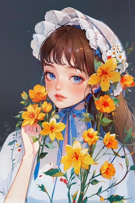 <lora:YXYcolor_v1:1>,yxycolor,
1girl, solo, long hair, brown hair, flower, freckles, bonnet, looking at viewer, yellow flower, simple background, upper body, bangs, ribbon, blush, shirt, white shirt, holding flower, blue eyes, holding, red lips