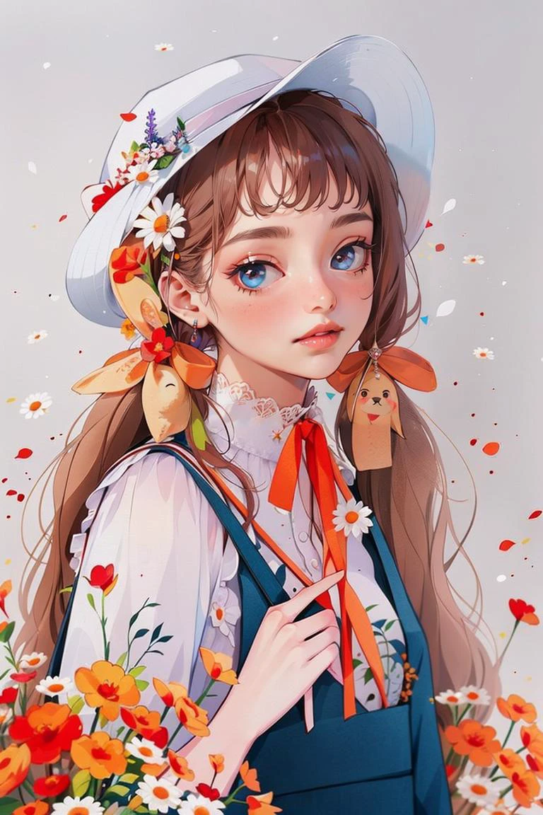 <lora:YXYcolor_v1:1>,yxycolor,tsurime,smug,grin best quality, masterpiece, extremely detailed, 1girl, flower, solo, smile, twintail, long hair, ribbon, bag, hat,
