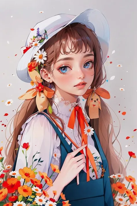 <lora:YXYcolor_v1:1>,yxycolor,tsurime,smug,grin best quality, masterpiece, extremely detailed, 1girl, flower, solo, smile, twintail, long hair, ribbon, bag, hat,