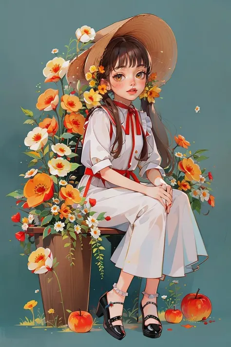 <lora:YXYcolor_v1:1>,yxycolor,best quality, masterpiece, extremely detailed, detailed background, 1girl, flower, solo, smile, open mouth, twintail, long hair, ribbon, bag, hat, yellow flower, brown eyes, :d, bow, orange flower, blush, full body, green ribbon, frills, bangs, standing, white flower, apple, garden, sitting