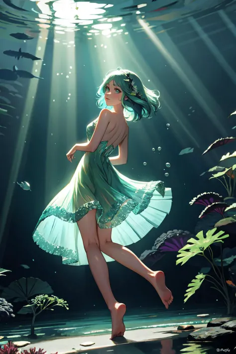 a naiad underwater, wearing a dress made of seaweed. feet in the sandy lake floor. water distorting light, refracting underwater sunbeams, volumetric light. from behind