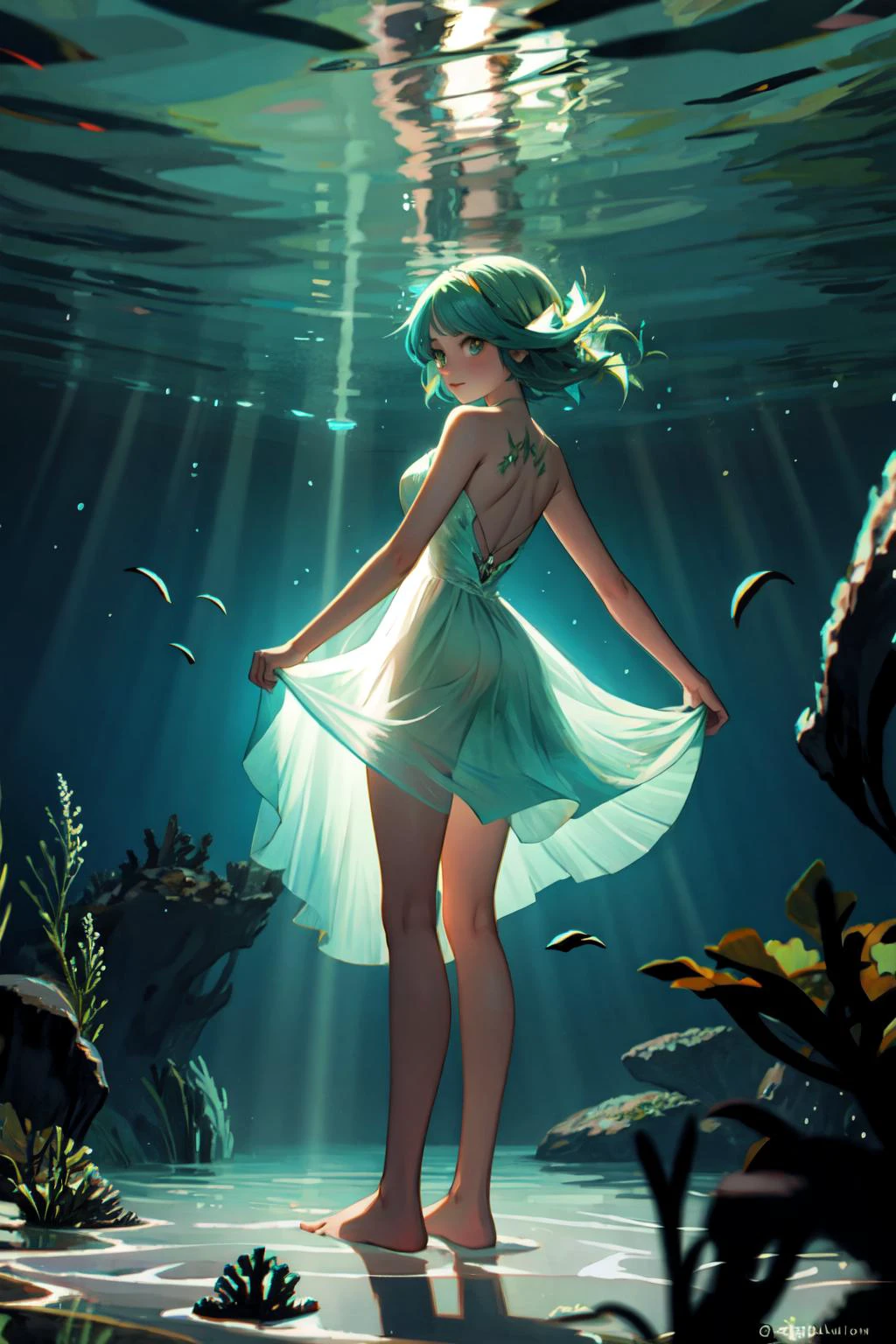 a naiad underwater, wearing a dress made of seaweed. feet in the sandy lake floor. water distorting light, refracting underwater sunbeams, volumetric light. from behind