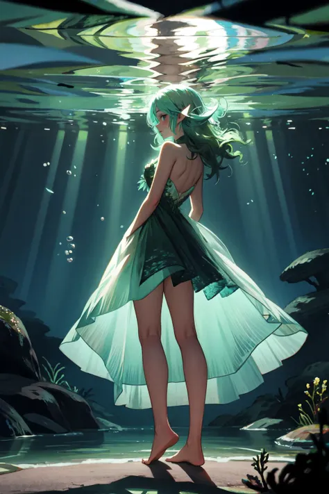 a naiad underwater, wearing a dress made of seaweed. feet in the sandy lake floor. water distorting light, refracting underwater sunbeams, volumetric light. from behind