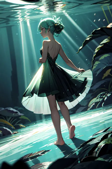 a naiad underwater, wearing a dress made of seaweed. feet in the sandy lake floor. water distorting light, refracting underwater sunbeams, volumetric light. from behind