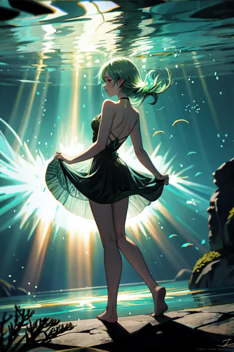 a naiad underwater, wearing a dress made of seaweed. feet in the sandy lake floor. water distorting light, refracting underwater sunbeams, volumetric light. from behind