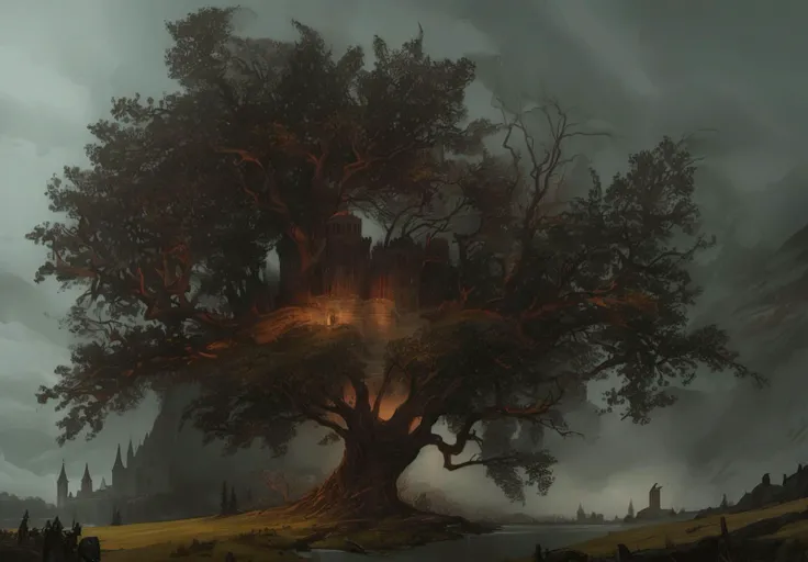 landscape painting of castle in the middle of an illustration of a tree, dark fantasy art in the style of elden ring and dark souls and lord of the rings, foggy night landscape