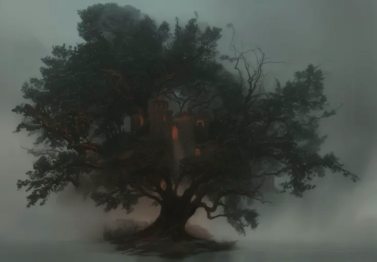 landscape painting of castle in the middle of an illustration of a tree, dark fantasy art in the style of elden ring and dark souls and lord of the rings, foggy night landscape