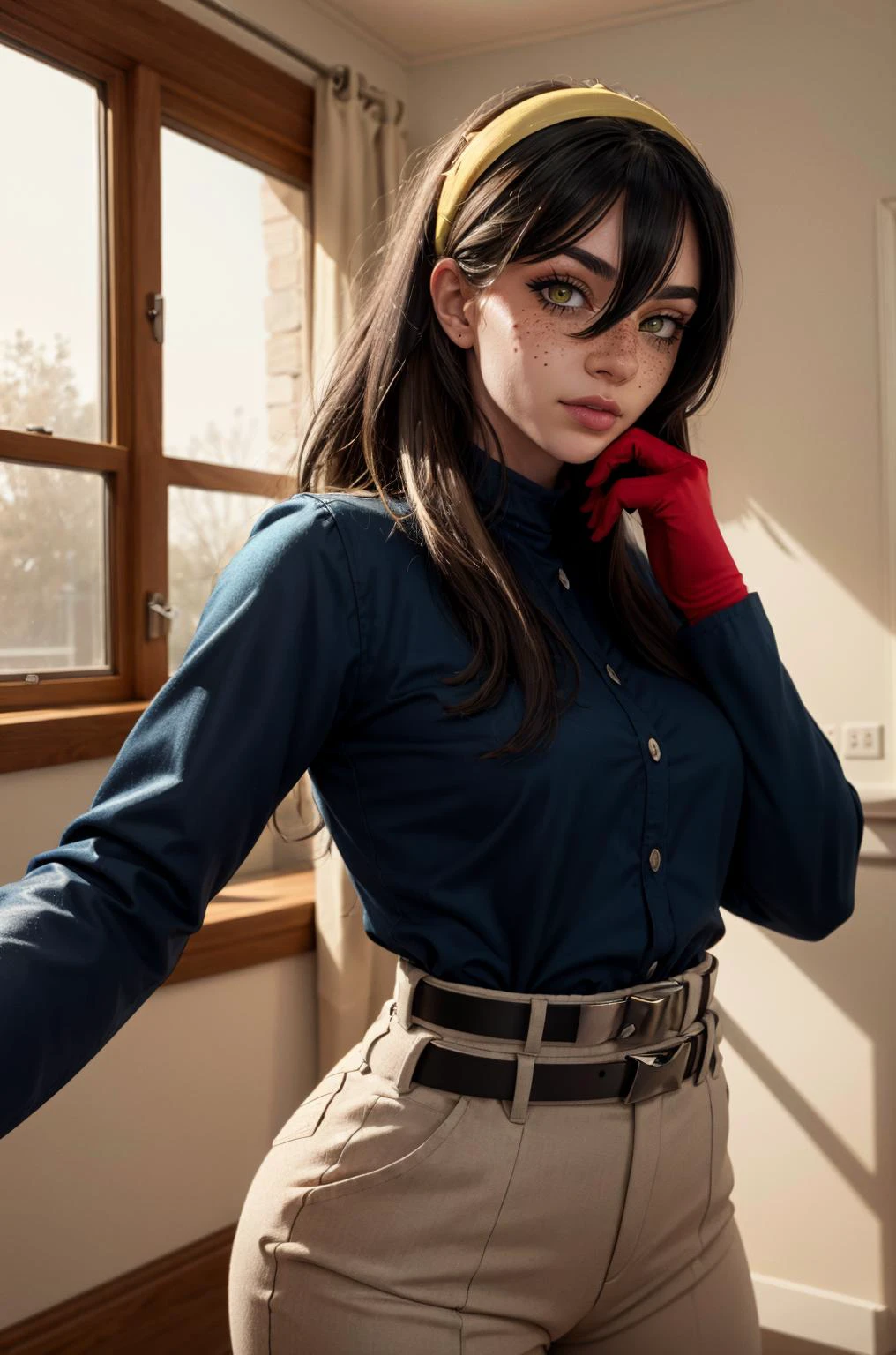 (masterpiece, best quality, high resolution:1.2), (seductive pose:1.2), (dynamic angle), detailed background,
casual photography, HDR, natural light, (anti-aliasing:1.2), elegant, soft scattered light, realistic proportions, limited palette, backlit, accent lighting, (neutral colors:1.3), cross process, cinematic lighting, coherent light, coherent shadows,
<lora:ZH_Mushyee_v1:0.9> 1girl, zh_mushyee_normalgirl, solo, long hair, tattoo, realistic, freckles, lips, looking at viewer, zh_mushyee_cosplaygirl, <lora:pokemon_carmine:0.8> pokemoncarmine, mole under eye, hairband, blue jacket, long sleeves, red gloves, pants, belt