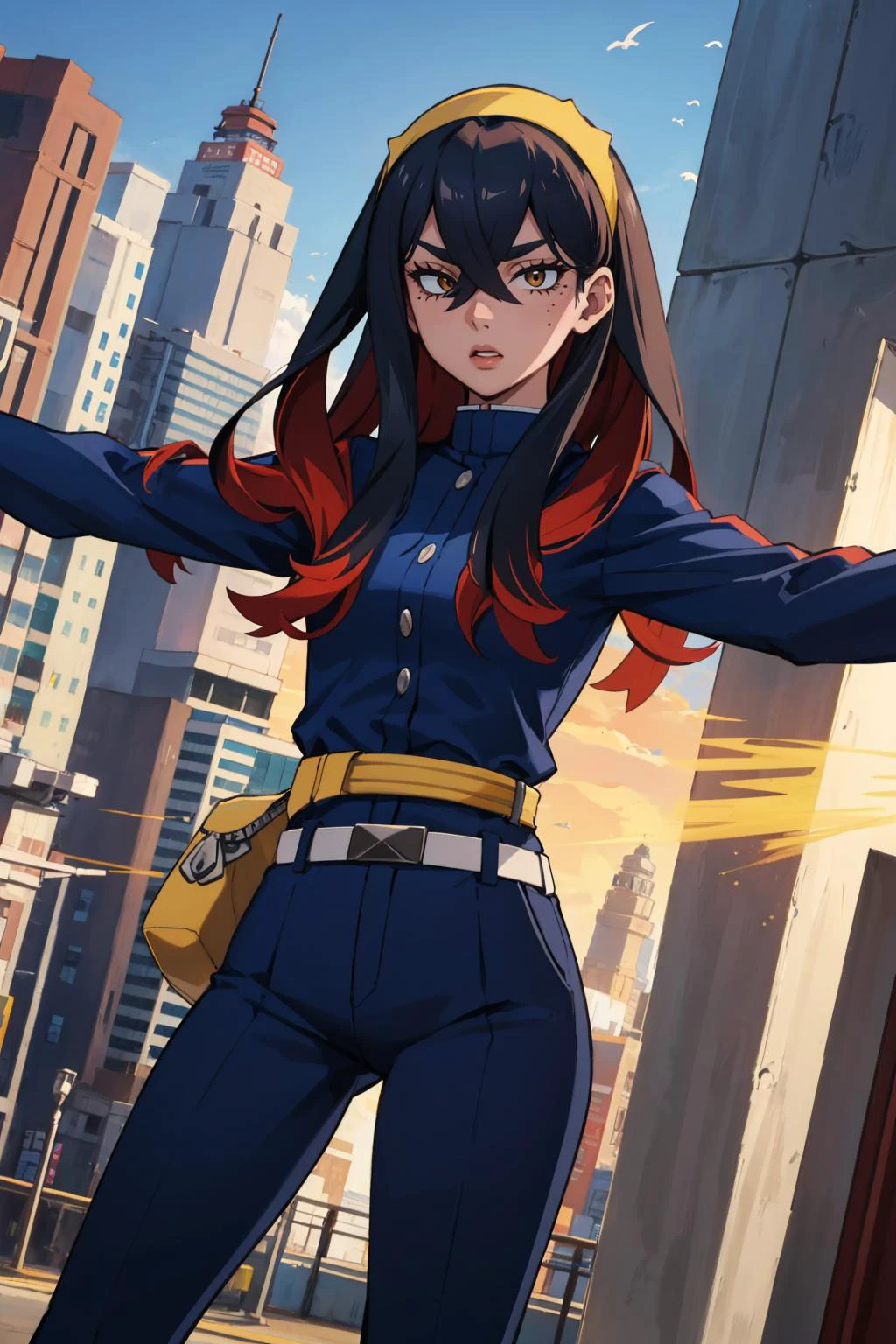 masterpiece, best quality, <lora:pokemon_carmine-10:0.8> pokemoncarmine, mole under eye, hairband, blue jacket, long sleeves, red gloves, pants, belt, standing, dynamic pose, outstretched arm, furrowed brow, wide shot, cityscape
