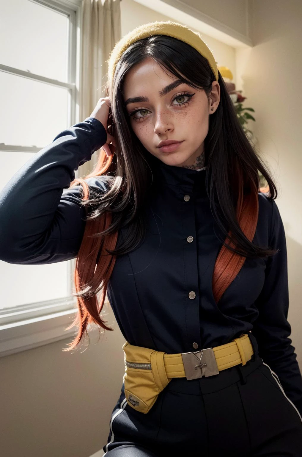 (masterpiece, best quality, high resolution:1.2), (seductive pose:1.2), (dynamic angle), detailed background,
casual photography, HDR, natural light, (anti-aliasing:1.2), elegant, soft scattered light, realistic proportions, limited palette, backlit, accent lighting, (neutral colors:1.3), cross process, cinematic lighting, coherent light, coherent shadows,
detailed face, detailed eyes, detailed skin, extremely detailed, intricate details, <lora:ZH_Mushyee_v1:0.9> 1girl, zh_mushyee_normalgirl, solo, long hair, tattoo, realistic, freckles, lips, looking at viewer, zh_mushyee_cosplaygirl, <lora:pokemon_carmine:1.0> pokemoncarmine, mole under eye, hairband, blue jacket, long sleeves, red gloves, pants, belt