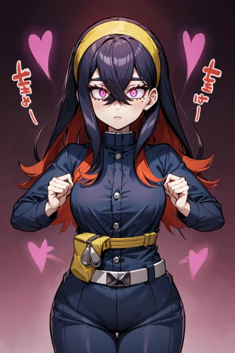 masterpiece,best quality,1girl,mature female,large breasts,wide hips,pokemoncarmine,mole under eye,colored inner hair,black hair,red hair,hairband,blue jacket,long sleeves,pants,belt,(expressionless),((mochidance,hypnosis,mind control,looking at viewer)),(purple eyes,glowing eyes,empty eyes:1.6),night,cowboy shot,<lora:Concept-control tool-add_detail-CyberAIchemist:0.8>,<lora:pokemon_carmine:0.9>,<lora:mochidance_128dim_nai:1.1>,