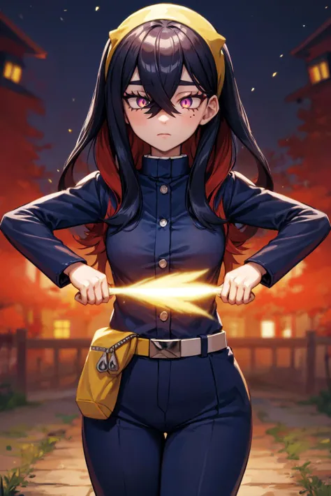 masterpiece,best quality,1girl,mature female,large breasts,wide hips,pokemoncarmine,mole under eye,colored inner hair,black hair,red hair,hairband,blue jacket,long sleeves,pants,belt,(expressionless),((mochidance,hypnosis,mind control,looking at viewer)),(purple eyes,glowing eyes,empty eyes:1.5),(outdoors,town),night,cowboy shot,<lora:Concept-control tool-add_detail-CyberAIchemist:0.8>,<lora:pokemon_carmine:0.9>,<lora:mochidance_128dim_nai:1.1>,