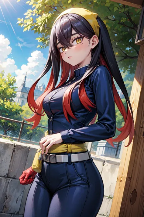 masterpiece,best quality,1girl,mature female,large breasts,wide hips,thick thighs,pokemoncarmine,mole under eye,colored inner hair,black hair,red hair,yellow eyes,hairband,blue jacket,long sleeves,red gloves,pants,belt,expressionless,looking at viewer,sunlight,tree,cloud,outdoors,dutch angle,from side,<lora:Concept-control tool-add_detail-CyberAIchemist:0.8>,<lora:pokemon_carmine:0.9>,