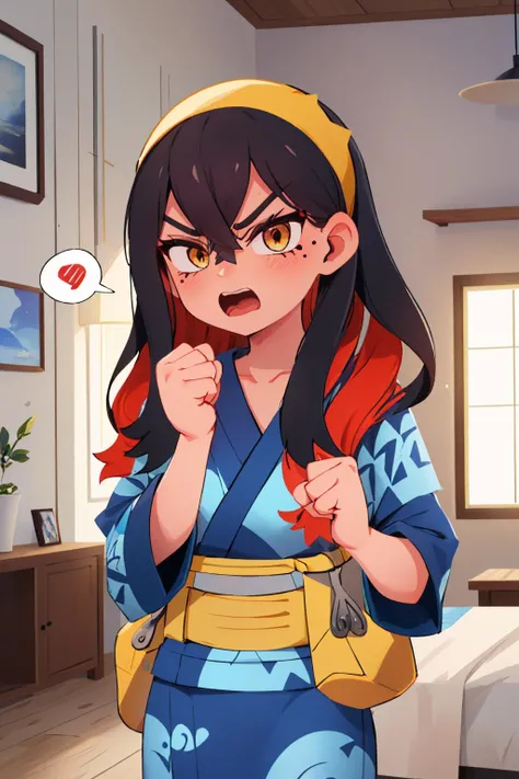 (masterpiece, best quality:1.2), solo, 1girl, pokemoncarmine, angry, screaming, looking at viewer, (clenched hands:1.1), spoken anger vein, mole under eye, hairband, blue kimono, sash, indoors <lora:pokemon_carmine-10:1>