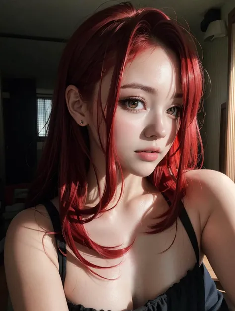 Best quality, masterpiece, ultra high res, (photorealistic:1.4), raw photo, 1girl, offshoulder, in the dark, deep shadow, red hair, redhead, selfie, <lora:makimaChainsawMan_v10:0.4>, sfw