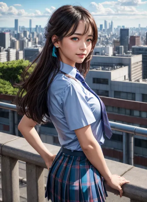 very smilimg,(best quality)++,(masterpiece)++,(ultra detailed)++,(highres)++,(8k portrait)++,production art,((Add layer)),upper body,from side,1girl,solo,cityscape, tokyo scenery,rooftop,noon,blue sky,(wind:1.2),delicate face,look far away,white fur ear,green eyes,short sleeve school uniform,silver blue striped tie,blue tartan skirt,hands on hips,stare into the distance,
<lora:flat2:-1>