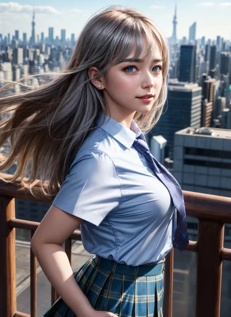 very smilimg,(best quality)++,(masterpiece)++,(ultra detailed)++,(highres)++,(8k portrait)++,production art,((Add layer)),upper body,from side,1girl,solo,cityscape, tokyo scenery,rooftop,noon,blue sky,(wind:1.2),delicate face,look far away,white fur ear,green eyes,short sleeve school uniform,silver blue striped tie,blue tartan skirt,hands on hips,stare into the distance,
<lora:flat2:-1>