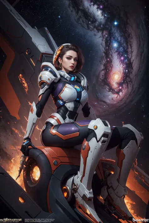 perfect look female commander sitting on universe starcraft, (masterpiece, top quality, best quality, official art, beautiful and aesthetic:1.2), extremely detailed,(fractal art:1.1),(colorful:1.1),highest detailed,(dynamic pose), (background is arm slave \(mecha\)), (shiny skin), (many colors:1.4),(earrings)