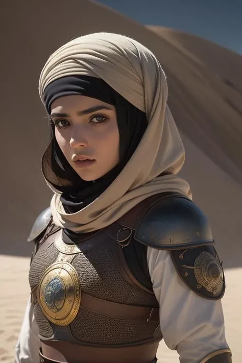 1girl, solo, photography, portrait of arabarmor girl with group of army in dune, shield, sword, realistic, absurdes, detailed, <lora:ARWArabArmor:1>