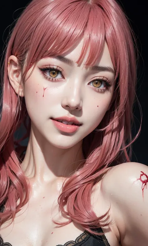 absurdres, 1girl,medium breast, star eye, blush, (realistic:1.5), (masterpiece, Extremely detailed CG unity 8k wallpaper, best quality, highres:1.2), (ultra_detailed, UHD:1.2), (pixiv:1.3), perfect illumination, distinct, (1girl:1.4), (bishoujo:1.2), looking at viewer, unreal engine, sidelighting, perfect face, detailed face, bangs, perfect body, beautiful eyes, pretty face, (bright skin:1.4), idol, ulzzang-6500-v1.1, ruins, dark place, night, dark aura, close-up, selfie, <lora:makimaChainsawMan_v10:0.35>, (blood on face:1.3), (evil smile:1.1)