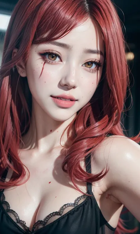 absurdres, 1girl,medium breast, star eye, blush, (realistic:1.5), (masterpiece, Extremely detailed CG unity 8k wallpaper, best quality, highres:1.2), (ultra_detailed, UHD:1.2), (pixiv:1.3), perfect illumination, distinct, (1girl:1.4), (bishoujo:1.2), looking at viewer, unreal engine, sidelighting, perfect face, detailed face, bangs, perfect body, beautiful eyes, pretty face, (bright skin:1.4), idol, ulzzang-6500-v1.1, ruins, dark place, night, dark aura, close-up, selfie, <lora:makimaChainsawMan_v10:0.35>, (blood on face:1.3), (evil smile:1.1)