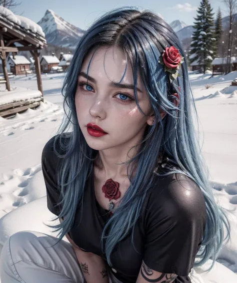 woman,(blue hair:1.5), freckles on the face, (glossy lips:1.25), plump lips, big lips, (dark makeup:1.25), detailed eyes, (neck tattoo:1.25), medium hair, innocent face, (fluffy hair:1.25), beautiful face, symmetrical face, high arch eyebrows, (a rose tattoo on the neck:1.25), (mussed hair:1.25), (side hair:1.25), collarbone, (sharp eyes:1.25), (lip glossed:1.25), (blush:1.25), (sharp facial features:1.25), (lush hair:1.25), shine skin, (shine hair:1.5), (blue eyes:1.5), (red lips:1.5), (looking at viewer:1.25),
<lora:TwinSideBraids:1> (black shirt:1.5), small breasts, (white pants:1.5), heels, (cowboy shot:1.25), full body, (night:1.25), (outdoors:1.25), (snow:1.25), snowfall, (russian village:1.25), cars, forest, logs, mountains, russia, russian church, (night lamp:1.25),