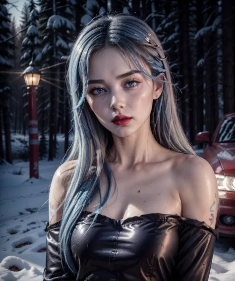 woman,(blue hair:1.5), freckles on the face, (glossy lips:1.25), plump lips, big lips, (dark makeup:1.25), detailed eyes, (neck tattoo:1.25), medium hair, innocent face, (fluffy hair:1.25), beautiful face, symmetrical face, high arch eyebrows, (a rose tattoo on the neck:1.25), (mussed hair:1.25), (side hair:1.25), collarbone, (sharp eyes:1.25), (lip glossed:1.25), (blush:1.25), (sharp facial features:1.25), (lush hair:1.25),  shine skin, (shine hair:1.5), (blue eyes:1.5), (red lips:1.5), (looking at viewer:1.25), 
 <lora:TwinSideBraids:1> (black shirt:1.5), small breasts, (white pants:1.5), heels, (cowboy shot:1.25), full body, (night:1.25), (outdoors:1.25), (snow:1.25), snowfall, (russian village:1.25), cars, forest, logs, mountains, russia, russian church, (night lamp:1.25), UAZPTRT <lora:UAZPTRT:1>