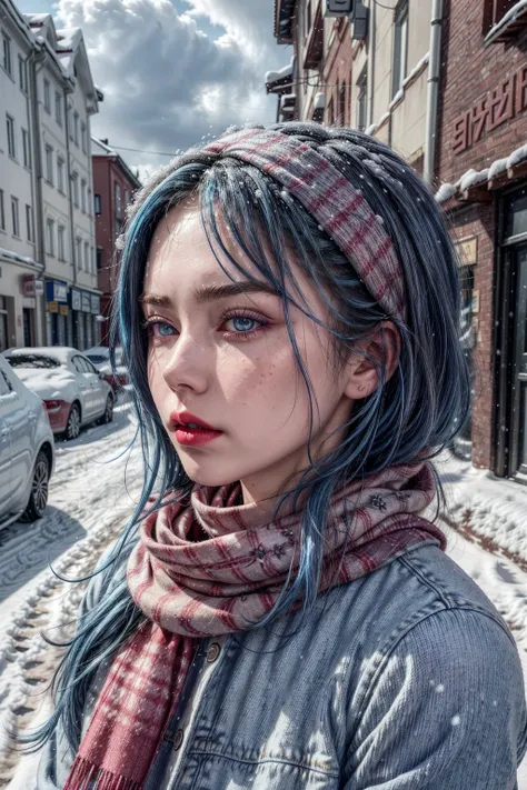 woman,(blue hair:1.5), freckles on the face, (glossy lips:1.25), plump lips, big lips, (dark makeup:1.25), detailed eyes, (neck tattoo:1.25), medium hair, innocent face, (fluffy hair:1.25), beautiful face, symmetrical face, high arch eyebrows, (a rose tattoo on the neck:1.25), (mussed hair:1.25), (side hair:1.25), (sharp eyes:1.25), (lip glossed:1.25), (blush:1.25), (sharp facial features:1.25), (lush hair:1.25), shine skin, (shine hair:1.5), (blue eyes:1.5), (red lips:1.5), (looking at viewer:1.25),
<lora:TwinSideBraids:1> small breasts, (thermal jacket), (tight sweater), (tight jeans), (scarf:1.25), (cowboy shot:1.25), outdoors, <lora:add_detail:1> (overcast:1.25), (snow:1.5), (sky covered with clouds:1.25), (snowfall:1.25), cars, (city:1.25), (street:1.25), (russian city:1.25), russia