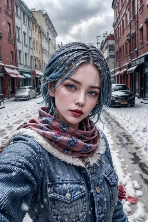 woman,(blue hair:1.5), freckles on the face, (glossy lips:1.25), plump lips, big lips, (dark makeup:1.25), detailed eyes, (neck tattoo:1.25), medium hair, innocent face, (fluffy hair:1.25), beautiful face, symmetrical face, high arch eyebrows, (a rose tattoo on the neck:1.25), (mussed hair:1.25), (side hair:1.25), (sharp eyes:1.25), (lip glossed:1.25), (blush:1.25), (sharp facial features:1.25), (lush hair:1.25),  shine skin, (shine hair:1.5), (blue eyes:1.5), (red lips:1.5), (looking at viewer:1.25), 
<lora:TwinSideBraids:1> small breasts, (thermal jacket), (tight sweater), (tight jeans), (scarf:1.25), (cowboy shot:1.25), outdoors, <lora:add_detail:1> (overcast:1.25), (snow:1.5), (sky covered with clouds:1.25), (snowfall:1.25), cars, (city:1.25), (street:1.25), (russian city:1.25), russia, (selfie:1.5),