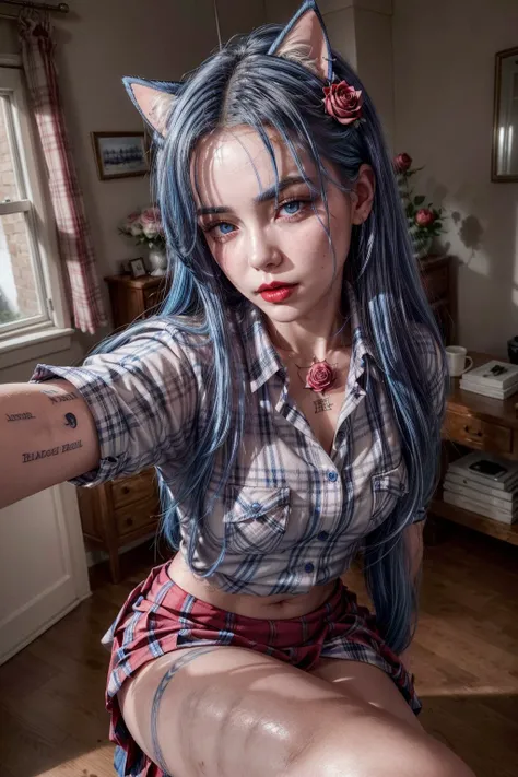 woman,(blue hair:1.5), freckles on the face, plump lips, big lips, (dark makeup:1.25), detailed eyes, (neck tattoo:1.25), medium hair, innocent face, (fluffy hair:1.25), beautiful face, symmetrical face, high arch eyebrows, (a rose tattoo on the neck:1.25), (mussed hair:1.25), (side hair:1.25), (sharp eyes:1.25), (blush:1.25), (sharp facial features:1.25), (lush hair:1.25), shine skin, (shine hair:1.5), (blue eyes:1.5), (red lips:1.5), (looking at viewer:1.25), <lora:TwinSideBraids:1> small breasts,(plaid skirt:1.5), (collared shirt:1.5), (cowboy shot:1.25), indoors, <lora:add_detail:1> (selfie:1.5), bedroom, cat ears,