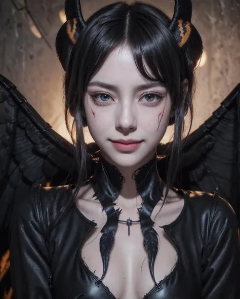 absurdres, 1girl, medium breast, star eye, blush, (realistic:1.5), (blue eyes:0.7), (short hair:1), (masterpiece, Extremely detailed CG unity 8k wallpaper, best quality, highres:1.2), (ultra_detailed, UHD:1.2), (pixiv:1.3), perfect illumination, distinct, (1girl:1.4), (bishoujo:1.2), looking at viewer, unreal engine, sidelighting, perfect face, detailed face, bangs, perfect body, beautiful eyes, pretty face, (bright skin:1.4), idol, (abs), ulzzang-6500-v1.1, (navel), ruins, dark place, night, dark aura, fire, burning, <lora:makimaChainsawMan_v10:0.5>, (blood on face:1.4), (evil smile:1.3), (black wings:1.5), close-up, (bodysuit:1.5)