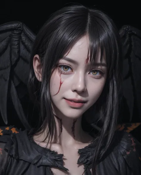 absurdres, 1girl, medium breast, star eye, blush, (realistic:1.5), (blue eyes:0.7), (short hair:1), (masterpiece, Extremely detailed CG unity 8k wallpaper, best quality, highres:1.2), (ultra_detailed, UHD:1.2), (pixiv:1.3), perfect illumination, distinct, (1girl:1.4), (bishoujo:1.2), looking at viewer, unreal engine, sidelighting, perfect face, detailed face, bangs, perfect body, beautiful eyes, pretty face, (bright skin:1.4), idol, (abs), ulzzang-6500-v1.1, (navel), ruins, dark place, night, dark aura, fire, burning, <lora:makimaChainsawMan_v10:0.5>, (blood on face:1.4), (evil smile:1.3), (black wings:1.5), close-up, (bodysuit:1.5)