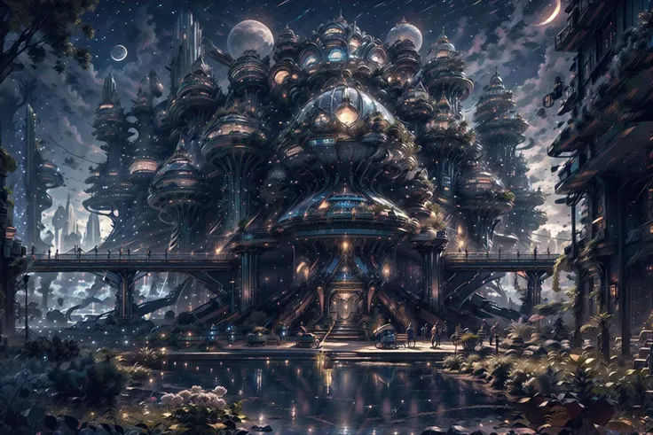 <lora:XSArchi_127:1>, future city, Lively, sci-fi, fantasy, trees, flower, water, scenery, building, ship, windows,
(masterpiece:1.2), (best quality,:1.2), 8k, HDR, ultra detailed, ((photorealistic)), professional light, cinematic lighting, fashion photography, ambient lighting, fantasy,
<lora:Night scene_20230715120543:0.7>, cozy , starry sky , star , moon ,