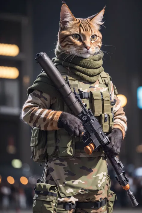 absurdres, (realistic:1.5), (masterpiece, Extremely detailed CG unity 8k wallpaper, best quality, highres:1.2), (ultra_detailed, UHD:1.2), perfect illumination, unreal engine, sidelighting, (dark background:1.4),
(cat:1.2), (tabby cat:1.2), (orange cat:1.2), (no humans:1.2), (furry:1.1), animal focus, animal, solo, standing, weapon, gun, (rocket launcher:1.4), rpg, gloves, holding, holding weapon, holding gun, military, whiskers, load bearing vest, pouch, holster, camouflage, bag, scarf, blurry background