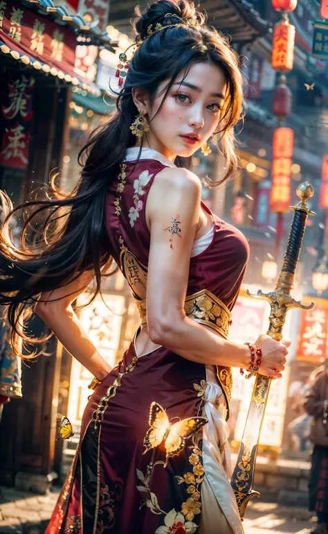 <lora:A_Chinese style:0.6> , <lora:E_Battojutsuswing:0.8> Chinese_Style, battōjutsuswing, (holding weapen:1.3),fighting stance, ((Best quality)), ((masterpiece)), ((realistic)), ((18-year-old girl with Chinese-inspired aesthetics holding a powerful sword)), (holding sword:1.2), she emanates the essence of ancient China in her commanding presence. With a Chinese great sword grasped firmly, she strikes an action pose that exudes strength and skill. Her flowing hair, adorned with a captivating hair ornament, glows with a radiant energy, accentuating her allure. Complementing her Chinese attire, she wears intricate jewelry, including a necklace and earrings, which add a touch of elegance and cultural richness to her ensemble. Standing amidst a lively Chinese street, adorned with traditional lanterns casting a warm glow, she becomes the embodiment of tradition and grace. A golden butterfly flutters around her, adding an ethereal touch to the scene, symbolizing her connection to nature and transformation. The play of light on her face accentuates her features, casting a gentle glow that further enhances her beauty. The background is skillfully blurred, creating a mesmerizing bokeh effect that highlights the dynamic energy of the surroundings. Neon lights interspersed throughout the scene provide a contemporary twist, blending modernity with the traditional ambiance. The Tyndall Effect enlivens the light background with vibrant colors, lending an air of vivacity and splendor. This captivating portrayal captures the girl's embodiment of Chinese elegance and martial prowess. With her powerful sword and captivating presence, she stands as a symbol of strength and cultural heritage in the vibrant Chinese street. The golden butterfly, combined with the interplay of light, colors, and traditional elements, results in a breathtaking and out-of-focus scenic masterpiece. Haircut model by Feathered haircut, possed is Arms crossed behind the back pose, sharp ruby, shooting angle is Silhouette shot, time is Hard Light,